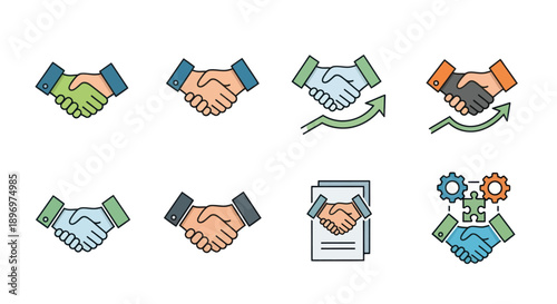 A colorful collection of business handshake icons representing partnership agreement and collaboration.