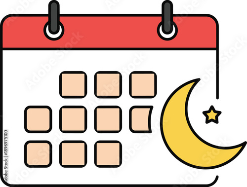 Night-themed calendar vector with crescent moon and star, perfect for scheduling, bedtime planning, nighttime events, sleep routines, and evening activity illustrations.