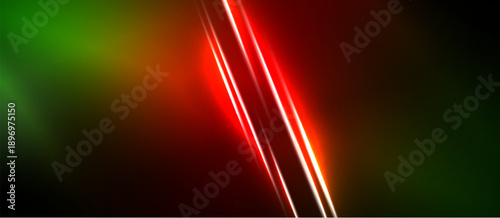 Abstract background features vibrant red lines against dark green, orange, black gradients. Dynamic energy radiates from central illumination.