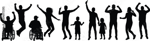Silhouette of diverse people celebrating together, wheelchair users, children, men and women jumping with joy, inclusivity and happiness concept illustration