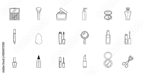 A collection of black and white line art icons depicting various beauty and cosmetic products