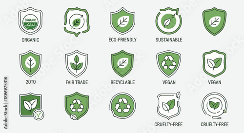 Set of Green Hand-Drawn Eco-Friendly Sustainable Product Badges and Labels.