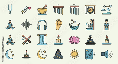 Colorful line art icon set for sound healing meditation yoga and spiritual wellness practices.