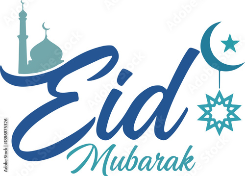 Eid Mubarak Greeting Card with Islamic Elements in Blue Color on White Background for Muslim Holiday