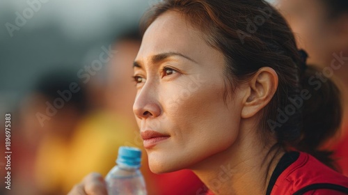 Close-up portrait of a young woman with shoulder-length dark hair tied up in a ponytail. she is wearing a red sports jersey and is holding a water bottle in her hand.