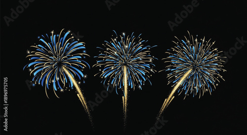 Blue and Gold Fireworks with Sparkling Trails on Black Background, Festive Night Celebration