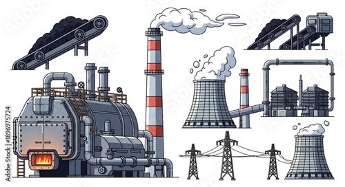 Industrial factory equipment and structures with smoke emissions.