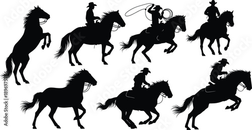 Silhouette of cowboys riding horses, wild west cowboy illustration, horse rider action, rodeo cowboy, western culture, equestrian sport concept