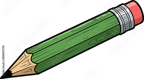 Cartoon green pencil vector with red eraser and sharpened tip, ideal for education, stationery, school supplies, writing tools, and creative design illustrations.
