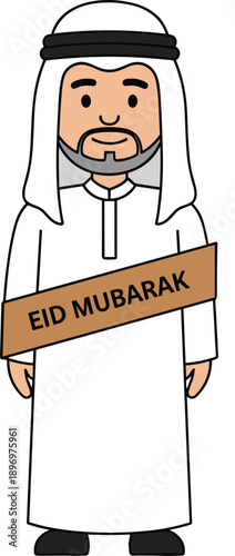 Cartoon man in traditional Islamic attire with Eid Mubarak sash, perfect for religious celebration, cultural greeting, festive design, and holiday illustration themes.