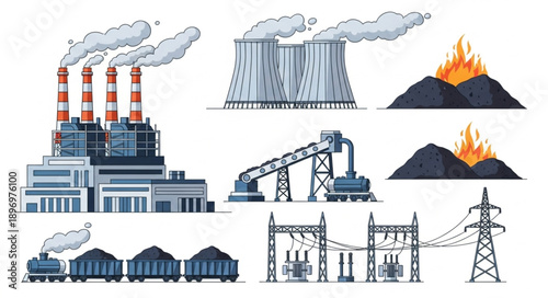 Industrial power plant and coal mining illustrations.