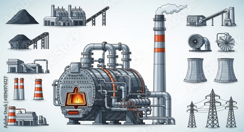 Industrial power plant equipment and structures illustration.