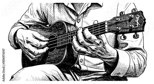 Man playing ukulele with hands positioned on strings indoors  