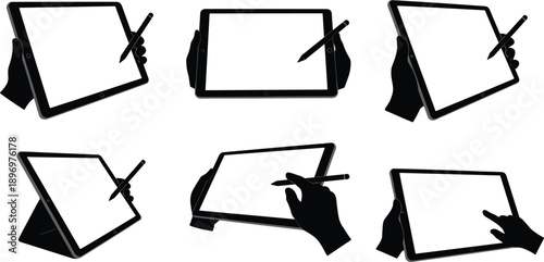 Silhouette illustration of hands holding and using tablets with stylus pens in various angles, drawing and digital interaction concept