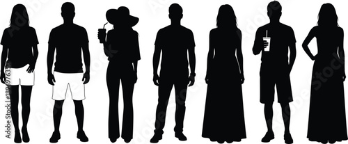 Silhouette group of diverse people standing together, casual summer fashion, black and white design, stylish urban crowd illustration, isolated