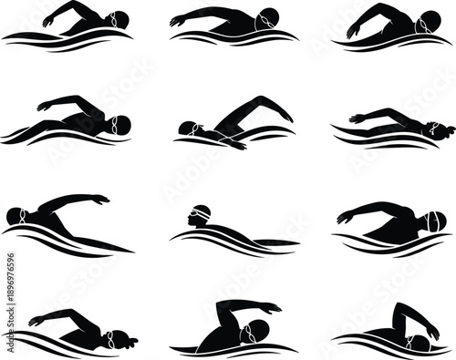Silhouette collection of swimmers performing freestyle, breaststroke, and other swimming strokes in dynamic water wave illustrations