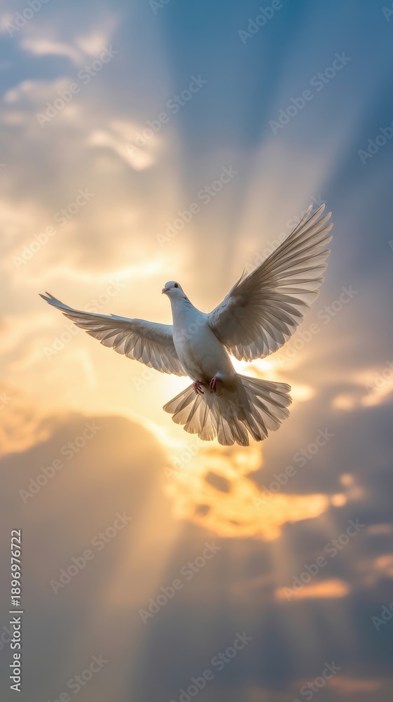 Obraz premium Dove Soaring into the Sky: A pristine white dove, symbolizing peace, gracefully takes flight against a breathtaking backdrop of a sunset, its wings spread wide to embrace the vast sky. 