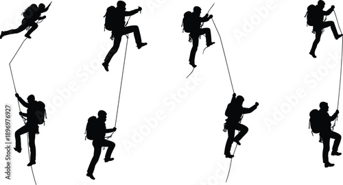 Silhouette collection of mountain climbers ascending with ropes, demonstrating rock climbing, mountaineering, and adventure sport action poses