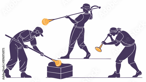 Artisan Glassblowers Crafting Molten Glass Objects with Blowpipes and Tools for Manufacturing or Artistic Design Projects