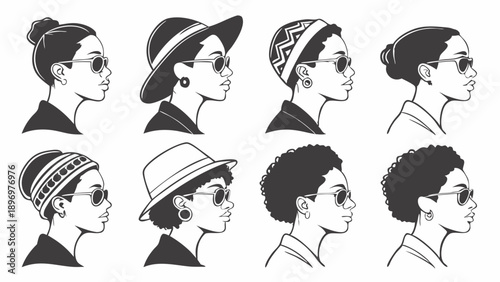 Diverse Black Woman Profile Set Fashion Hairstyles Headwear Sunglasses for Beauty Fashion Web Design Assets