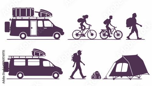 Camping Adventure Icons Silhouette Set for Outdoor Travel Vacation Gear Van Biking Hiking Trip Design Elements