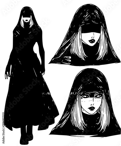 Mysterious woman in black hooded cloak with different facial expressions