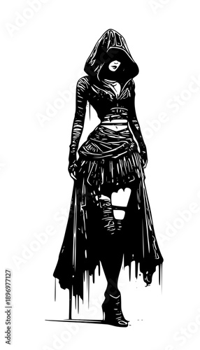 Mysterious woman in hooded outfit standing in dramatic pose