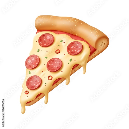 Slice of pepperoni pizza with melting cheese and chili flakes, 3D illustration of delicious italian fast food isolated on plain background