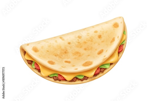 Delicious beef quesadilla with melted cheese, lettuce and tomatoes, 3D illustration of mexican fast food snack or appetizer isolated on plain background