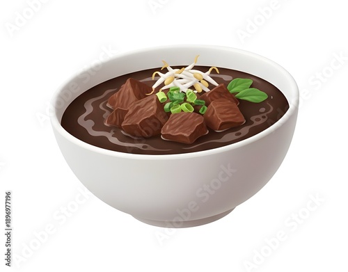 Rawon Indonesian beef black soup in white bowl with bean sprouts and leeks topping, 3D illustration of traditional East Java culinary isolated on plain background