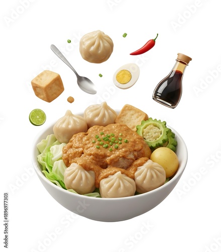 Indonesian Siomay Bandung with Peanut Sauce, Steamed Fish Dumplings with Tofu, Egg, and Vegetables, Traditional Southeast Asian Street Food Illustration