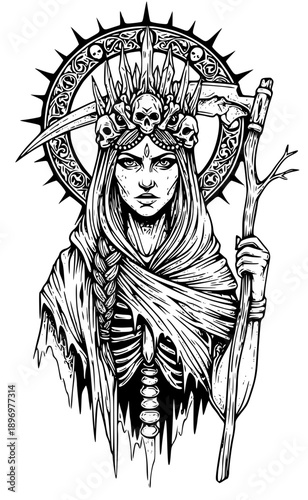 Mysterious sorceress with skull crown and staff illustration