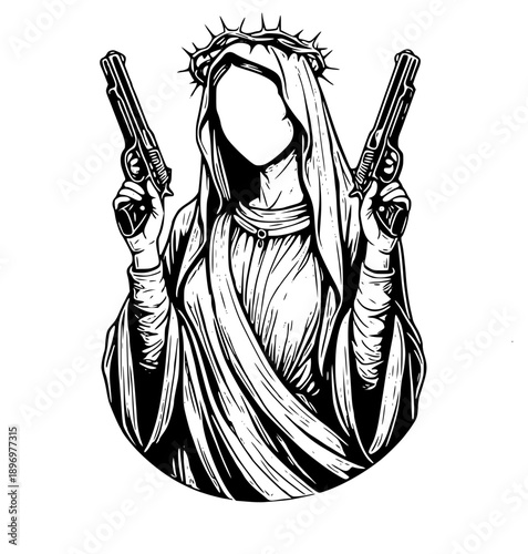 Dramatic faceless Jesus figure holding pistols with intense expression
