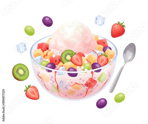 Indonesian fruit soup or Sop Buah with mixed fruits, ice, and condensed milk in glass bowl, 3D illustration of refreshing tropical dessert isolated on plain background