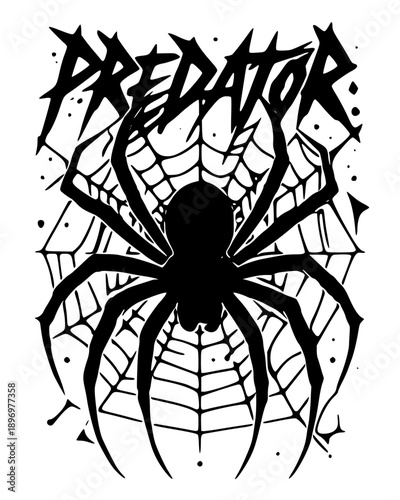 Fearsome black spider in web with predator text