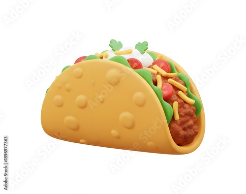 Mexican Beef Taco with Crunchy Shell, Lettuce, Tomato, Cheese, and Creamy Sauce, Traditional Latin American Street Food 3D Illustration