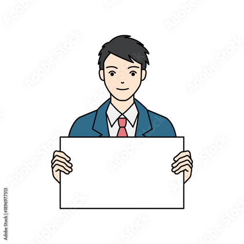 Smiling high school boy holding blank white board or sign