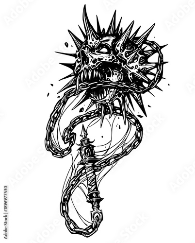 Menacing skull with spikes and chain graphic design
