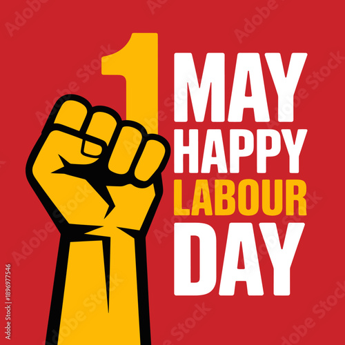 Raised fist and happy labour day text on red background, isolated on transparent background
