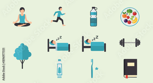 Healthy Lifestyle Icons: Yoga Running Hydration Nutrition Sleep Exercise and Mindfulness.