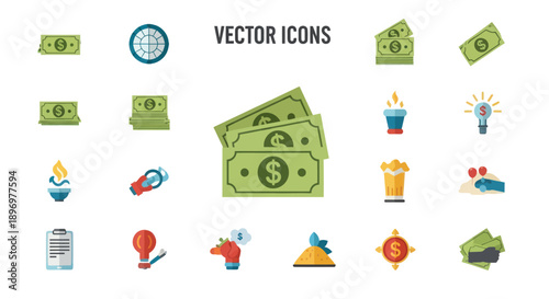 Collection of Flat Vector Icons Representing Finance and Business Concepts.