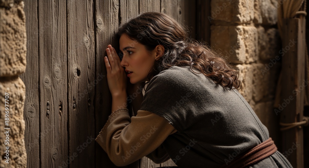 Fototapeta premium A woman peeking through a wooden door, filled with intrigue and curiosity. She is holding her hands close to her face, a clear sign of intense interest