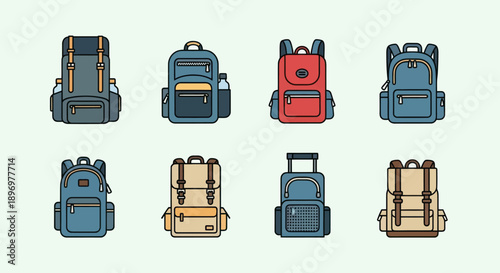 Diverse Cartoon Style Backpacks and Rucksacks Vector Collection.