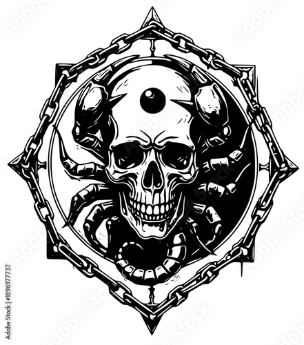 Creepy skull with snakes in a dark symbol