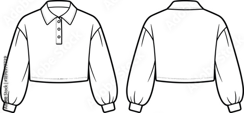 shirt, cropped, long, sleeve, collar, button, placket, blouse, top, fashion, clothing, apparel, garment, vector, design, sketch, outline, front, back, illustration