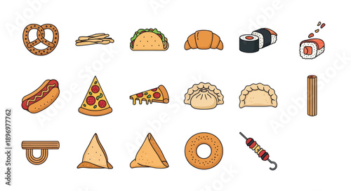 Assorted Food Icons: Pretzel Fries Taco Croissant Sushi Hotdog Pizza Dumpling and More.