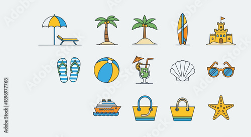 Vibrant Flat Design Beach and Summer Holiday Icons Set.