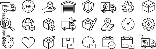 Shipping and delivery icon set with logistics, warehouse, package tracking, courier, express service, supply chain, parcel, ecommerce