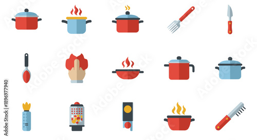 Assortment of Colorful Kitchen Utensils and Cookware for Culinary Use.