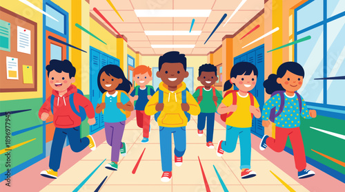 Diverse group of happy school children with backpacks running down a bright school hallway, flat vector illustration.
